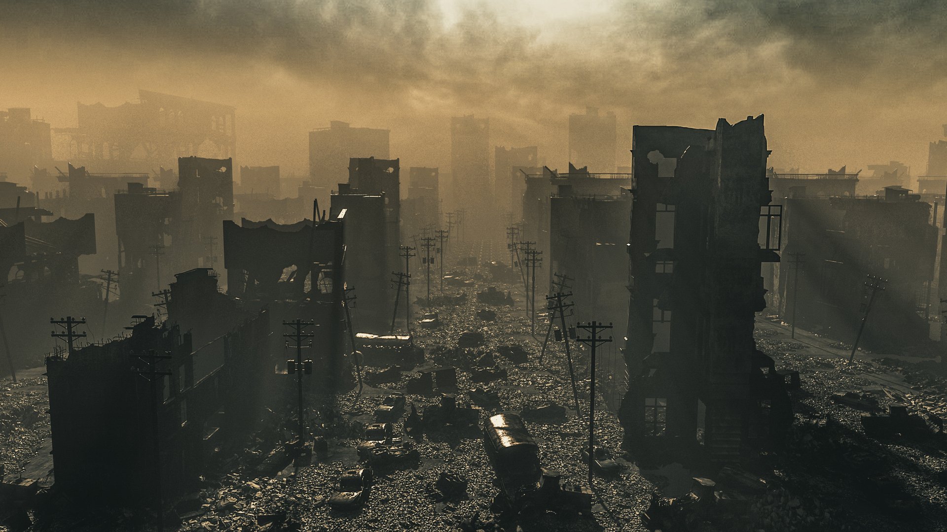 Apocalypse survivor concept, Ruins of a city. Apocalyptic landscape 3d render , 3d illustration concept